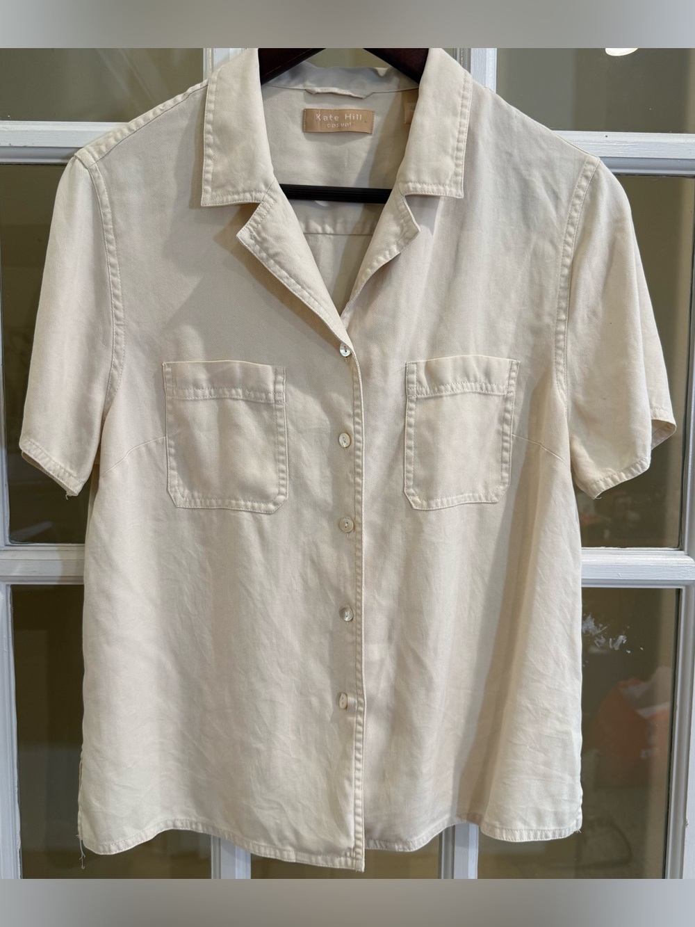 Kate Hill Casual Button Down Silk Short Sleeve Blouse Top Size Large
